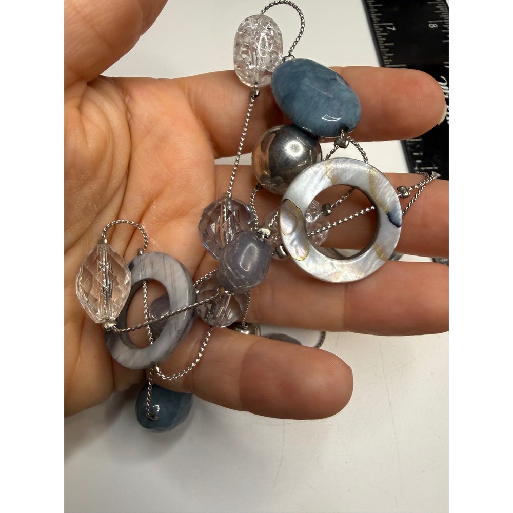 Blue Silver Tone Multi Strand Beaded Station Necklace Shell Acrylic 38 Inch